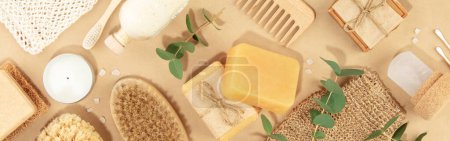 Photo for Sustainable lifestyle concept. Top view photo of natural hand made soap bar and eco friendly personal care products banner - Royalty Free Image