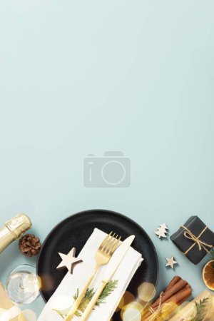 Photo for Christmas table place setting on blue background. Eco friendly zero waste Christmas dinner top view copy space - Royalty Free Image