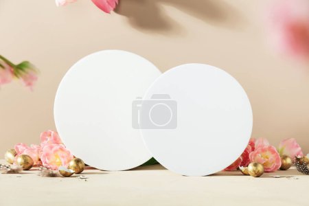Photo for Easter background concept. Empty round podium, easter gold eggs with spring tulip flowers on a pink background - Royalty Free Image