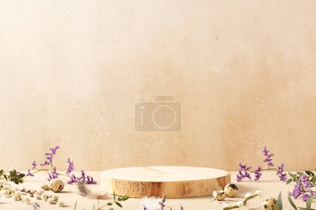 Foto de Concepto de Pascua. Vaciar podios redondos de madera, huevos de codorniz con flores de primavera sobre un fondo beige - Imagen libre de derechos