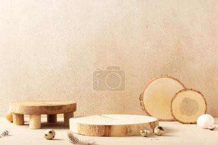 Téléchargez les photos : Concept de fond de Pâques. Podiums ronds vides en bois, œufs de caille aux branches d'eucalyptus vertes sur fond beige - en image libre de droit
