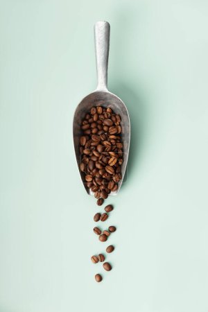 Foto de Una cucharada de metal se desborda con granos de café tostados aromáticos sobre un fondo de menta - Imagen libre de derechos