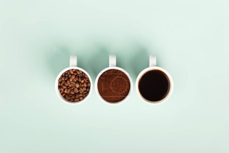 Téléchargez les photos : Trois tasses blanches affichent les grains de café, les marc et le café infusé, commandés sur la surface de la menthe - en image libre de droit