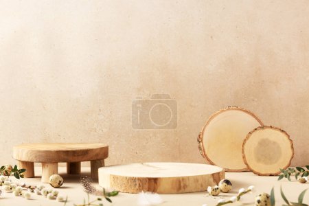 Photo for Easter background concept. Empty round wooden podiums, quail eggs with green eucalyptus branches on a beige background - Royalty Free Image