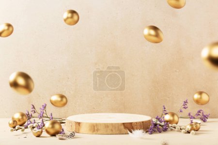 Photo for Easter background concept. Empty round wooden podium, golden easter eggs with spring flowers on a beige background - Royalty Free Image