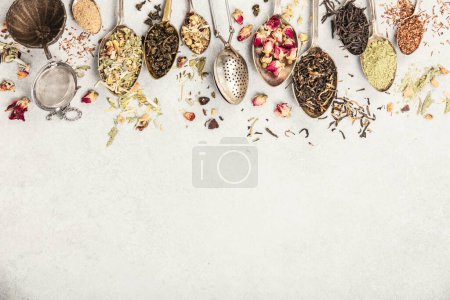 An array of vintage spoons, each containing different types of loose-leaf tea, laid out on a neutral backdrop. The selection showcases a variety of flavors and colors, highlighting the diversity of