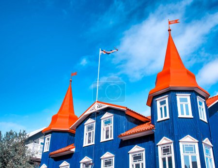 Photo for Blue building of Akureyri against beautiful summer sky, Iceland. - Royalty Free Image