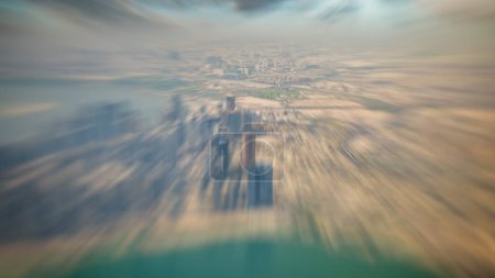 Téléchargez les photos : Vue aérienne de Doha depuis l'avion. Corniche et bâtiments modernes, Qatar. - en image libre de droit