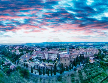 Photo for Pienza, Tuscany. Aerial view at sunset of famous medieval town. - Royalty Free Image