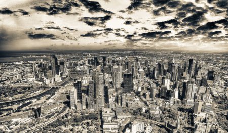 Photo for Aerial city view from helicopter at sunset, Melbourne. - Royalty Free Image