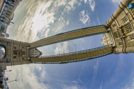 Photo for Skyward view of Tower Bridge in London. - Royalty Free Image