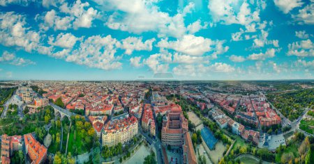 Photo for Madrid, Spain. Amazing panoramic aerial view of city center and Royal Palace area at sunset. - Royalty Free Image