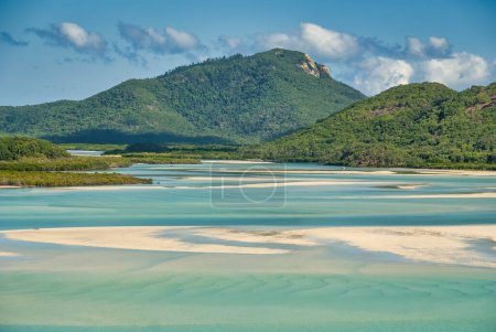 Photo for Aerial view of Whitehaven Beach and Hill Inlet estuary. Tropical beach paradise background of turquoise blue water and Coral Sea beach - Australia. - Royalty Free Image