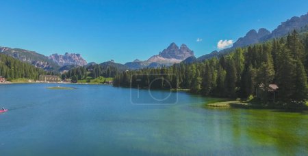 Photo for Misurina, Italian Alps. Aerial view of beautiful lake and surrounding mountains on a sunny summer day - Royalty Free Image