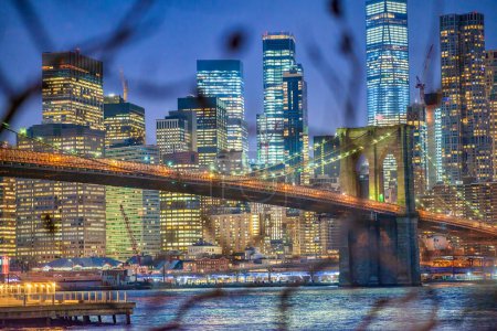 Foto de El puente de Brooklyn y las luces nocturnas del centro de Manhattan detrás de los árboles de invierno - Nueva York - Imagen libre de derechos