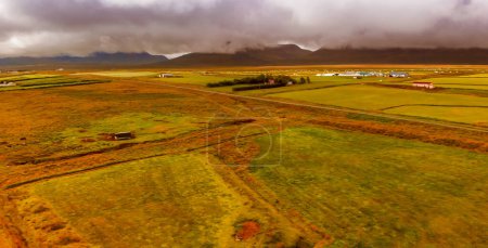 Photo for Aerial view of Glaumbaer, Iceland. Glaumbaer, in the Skagafjordur district in North Iceland, is a museum featuring a renovated turf farm and timber buildings - Royalty Free Image