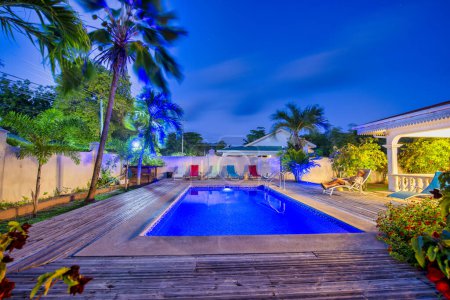 Night view of a tropical house with pool and palms.