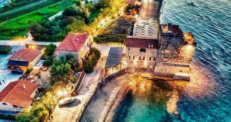 Photo for Aerial night view of Torre Mozza near Follonica, Tuscany - Italy. Ancient tower along the beach - Royalty Free Image