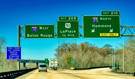 Photo for New Orleans, LA - February 10, 2016: Interstate road signs to Baton Rouge. - Royalty Free Image