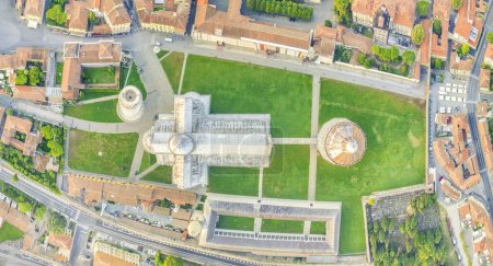 Foto de Downward aerial view of Square of Miracles, Pisa. Piazza del Duomo from drone, Italy. - Imagen libre de derechos