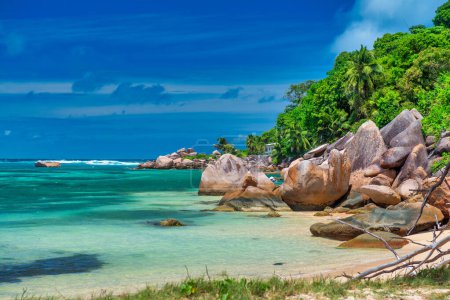 Téléchargez les photos : Amazing tropical landscape of Praslin, Seychelles. Beach and vegetation, travel concept - en image libre de droit