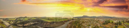 Photo for Panoramic aerial view of Turangi and Lake Taupo landscape at sunset, New Zealand. - Royalty Free Image