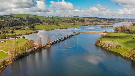 Photo for River and hills of North Island, New Zealand in spring - aerial view. - Royalty Free Image