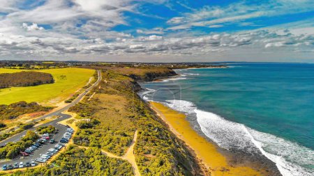 Téléchargez les photos : Aerial view of Torquay Beach along the Great Ocean Road, Australia. - en image libre de droit