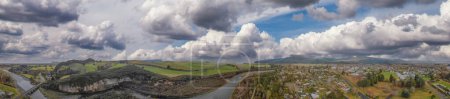 Photo for Panoramic aerial view of Turangi and Lake Taupo landscape at sunset, New Zealand. - Royalty Free Image