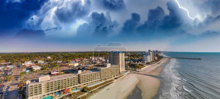 Myrtle Beach aerial panoramic view with storm approaching, South Carolina, USA.