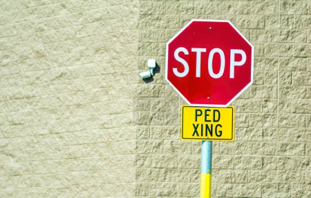 Téléchargez les photos : Panneau de passage à niveau Stop Ped, blanc sur rouge. - en image libre de droit