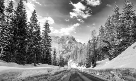 Téléchargez les photos : Route à travers une belle vallée enneigée, montagnes de dolomite en saison hivernale. - en image libre de droit