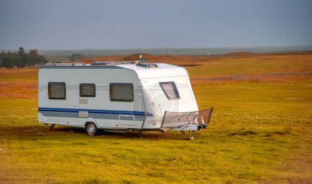 Photo for Roulotte on the countryside of Iceland, summer season, white caravan in autumn - Royalty Free Image