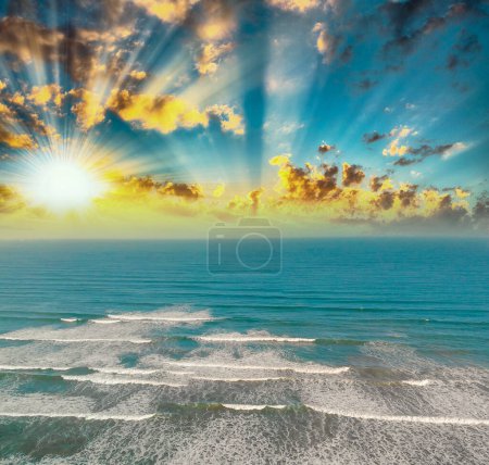 Photo for Beautiful waves along the shoreline at sunset, aerial view from drone. - Royalty Free Image
