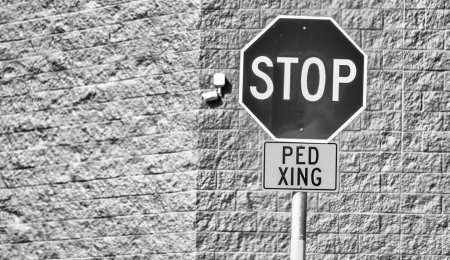 Téléchargez les photos : Panneau de passage à niveau Stop Ped, blanc sur rouge. - en image libre de droit