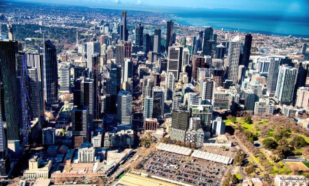 Photo for MELBOURNE, AUSTRALIA - SEPTEMBER 8, 2018: Aerial view of city central business district from helicopter - Royalty Free Image