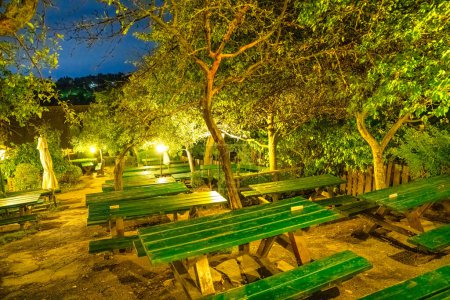 Photo for Green benches in a restaurant outdoor, Vienna. - Royalty Free Image