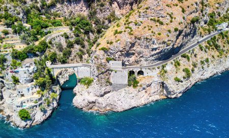 Amazing aerial view of beautiful Amalfi Coast in summer season, Italy. Drone viewpoint.