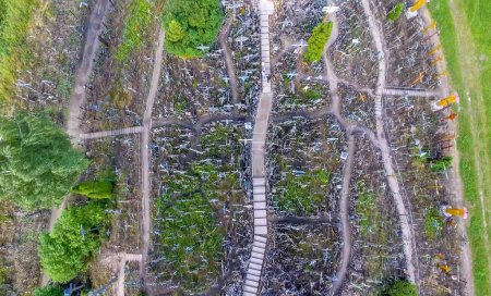 Photo for Drone overhead aerial view of Hill of Crosses (Kryziu Kalnas). It is a famous religious site in Siauliai, Lithuania. - Royalty Free Image