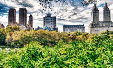 Photo for Amazing colors of Central Park and surrounding skyscrapers during foliage season, Manhattan- - Royalty Free Image