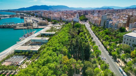Téléchargez les photos : Malaga, Andalousie. Vue aérienne des toits de la ville le long de la zone portuaire, Espagne - en image libre de droit