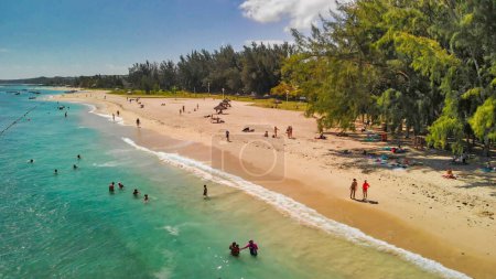 Téléchargez les photos : Beautiful Mauritius Island with gorgeous beach Flic en Flac, aerial view from drone. - en image libre de droit
