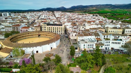 Photo for Aerial view of Ronda Plaza de Toros and medieval cityscape. This is the major white town of Andalusia, Spain. - Royalty Free Image