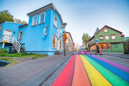 Photo for Reykjavik, Iceland - August 10, 2019: Rainbow painted street to promote peace- - Royalty Free Image