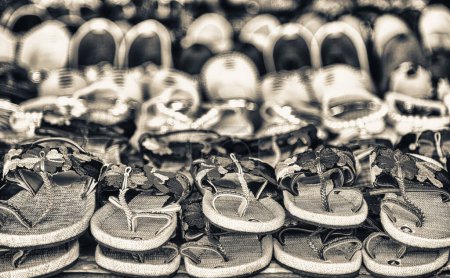 Photo for Colorful slippers in a shop. Tropical shoes - Royalty Free Image