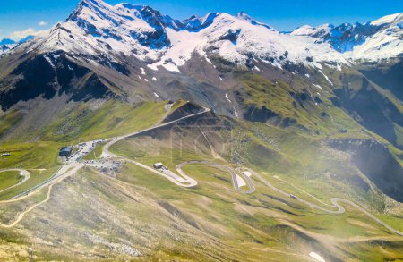 Aerial view of Grossglocker mountain peaks in summer season, drone viewpoint