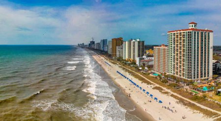 Myrtle Beach from drone, South Carolina. City and beach view at dusk.