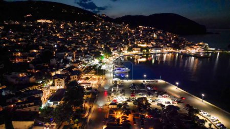 Aerial view of Skopelos Town at night, Greece.