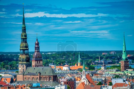 Photo for Riga, Latvia - July 8, 2017: Aerial view of Riga skyline on a summer morning. - Royalty Free Image