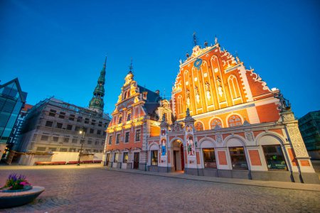 Photo for Riga, Latvia - July 7, 2017: Riga old streets and buildings at night. - Royalty Free Image